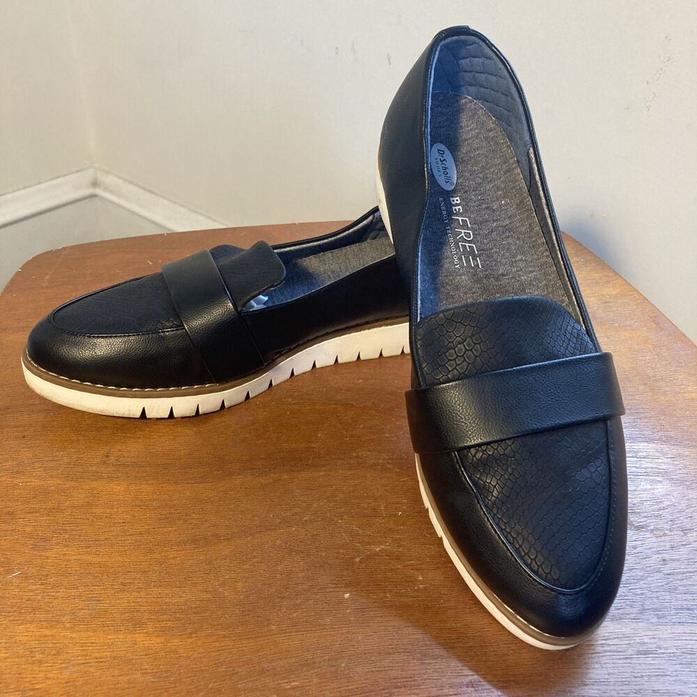 Dr. Scholls Women's Black Faux Leather Loafer Shoes 9.5 Be Free Rubber Sole Walk